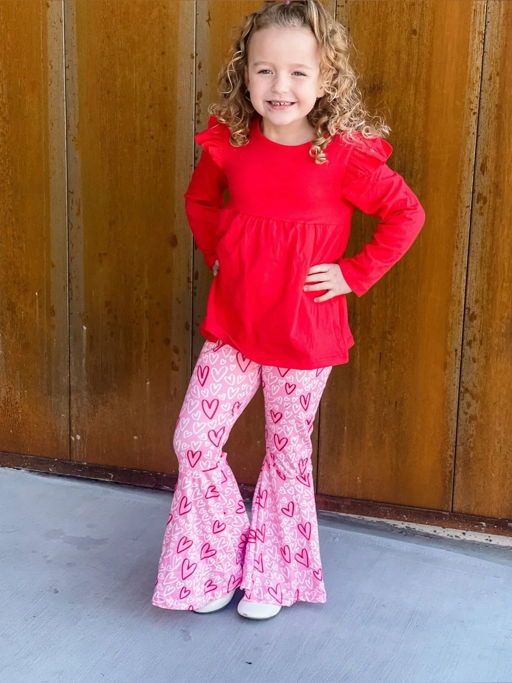 Girls Red Top with Pink Heart Bell Bottoms